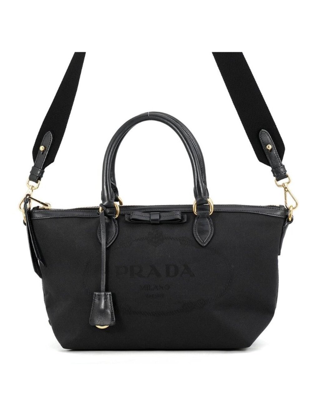Prada Handbag Logo Jacquard Canvas Leather 2-Way Black